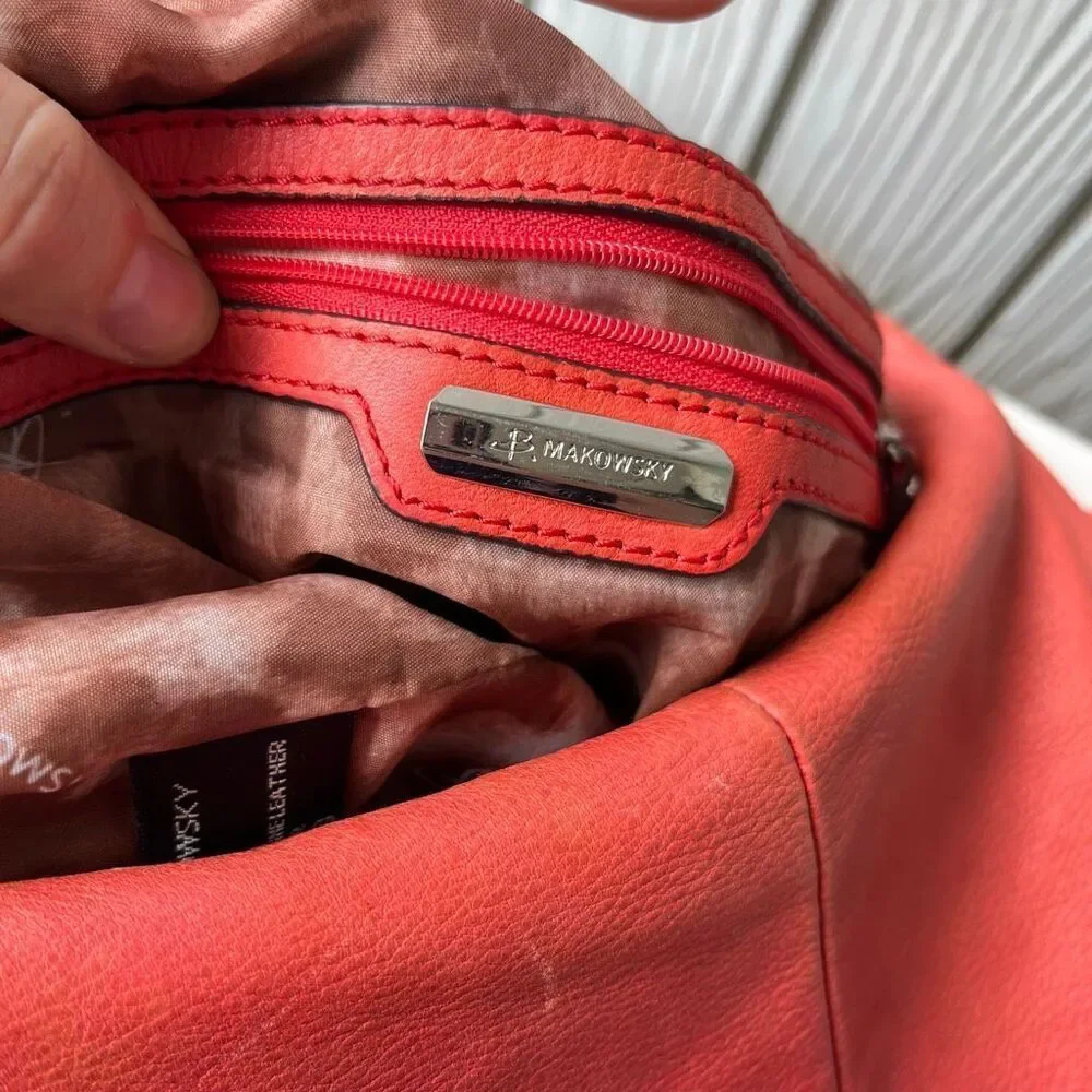 VTG B. Makowsky Coral Red Leather Hobo Bag | Slouchy Bucket Shoulder Purse - Picture 3 of 13